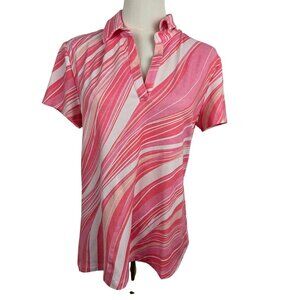 J. Mclaughlin Polo Shirt Large Catalina Short Sleeve Pink Wavy Striped Coastal